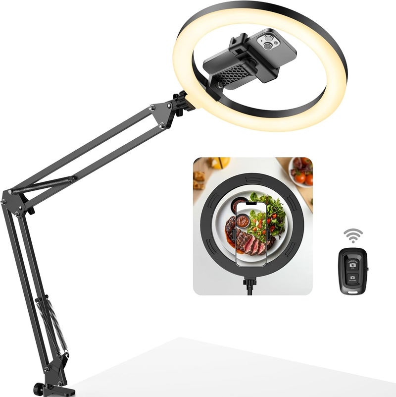 InnoGear حامل هاتف علوي مع ضوء حلقي، 10" ضوء سيلفي LED لمكتب مع حامل هاتف وجهاز تحكم عن بعد، ضوء قماش للبث المباشر على يوتيوب، تسجيل فيديوهات الطهي، فلوغ، زوم، متوسط - Image 1